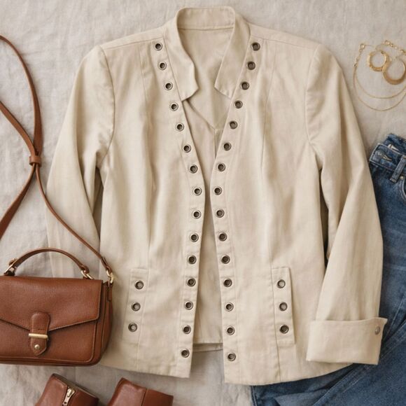 Zoey Jackets & Blazers - Y2K Grommet Jacket Cream Utility Military Style Cotton Stretch Minimalist Sz 10